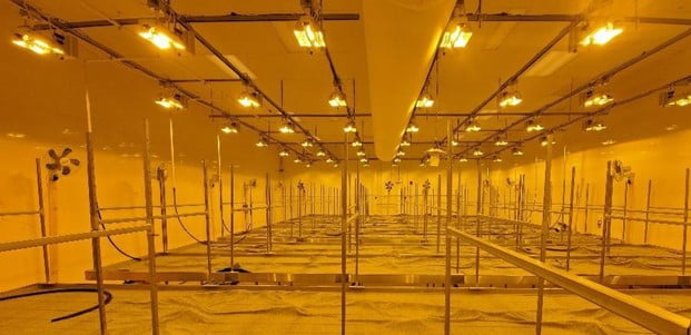 The inside of a scaled grow facility with wall mounted fans